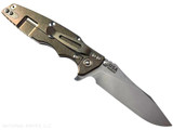 Rick Hinderer Knives Skinny Eklipse Slicer folding knife with flipper tab - shown open - lock side.  Stonewash 3.5" hollow grind MagnaCut stainless steel plain edge blade.  OD green G-10 handle scale with stonewashed bronze lock side.  Model KEK35SKSLHO