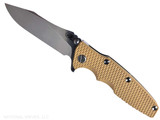 Rick Hinderer Knives Skinny Eklipse Slicer folding knife with flipper tab - shown open - presentation side. Stonewash 3.5" hollow grind MagnaCut stainless steel plain edge blade. Coyote G-10 handle scale with stonewashed bronze lock side. Model KEK35SKSLHO Rick Hinderer Knives Skinny Eklipse Slicer folding knife with flipper tab - shown open - presentation side. Stonewash 3.5" hollow grind MagnaCut stainless steel plain edge blade. Coyote G-10 handle scale with stonewashed bronze lock side. Model KEK35SKSLHO