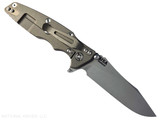 Rick Hinderer Knives Skinny Eklipse Slicer folding knife with flipper tab - shown open - lock side.  Working Finish 3.5" hollow grind MagnaCut stainless steel plain edge blade.  OD green G-10 handle scale with Battle Bronze lock side.  Model KEK35SKSLHO