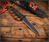 RMJ Tactical Trench Raider - shown out of sheath obverse. Black Cerakote 3V steel double plain edge blade.  Black G-10 handle scales.  Model K-TR-3V-GB-BK-PB.