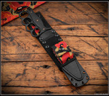 RMJ Tactical Trench Raider - shown in sheath obverse. Black Cerakote 3V steel double plain edge blade.  Black G-10 handle scales.  Model K-TR-3V-GB-BK-PB.