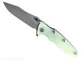 Rick Hinderer Knives Skinny Eklipse Slicer folding knife with flipper tab - shown open - presentation side.  Working Finish 3.5" hollow grind MagnaCut stainless steel plain edge blade.  Translucent Green G-10 handle scale with Working Finish lock side.  Model KEK35SKSLHO