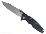 Rick Hinderer Knives Skinny Eklipse Slicer folding knife with flipper tab - shown open - presentation side.  Stonewash 3.5" hollow grind MagnaCut stainless steel plain edge blade.  Black G-10 handle scale with stonewash blue lock side.  Model KEK35SKSLHO