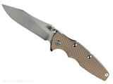 Rick Hinderer Knives Skinny Eklipse Slicer folding knife with flipper tab - shown open - presentation side.  Stonewash 3.5" hollow grind MagnaCut stainless steel plain edge blade.  FDE G-10 handle scale with stonewash lock side.  Model KEK35SKSLHO