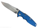 Rick Hinderer Knives Skinny Eklipse Slicer folding knife with flipper tab - shown open - presentation side.  Stonewash 3.5" hollow grind MagnaCut stainless steel plain edge blade.  Blue - black G-10 handle scale with stonewash lock side.  Model KEK35SKSLHO