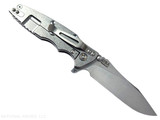 Rick Hinderer Knives Skinny Eklipse Slicer folding knife with flipper tab - shown open - lock side.  Stonewash 3.5" hollow grind MagnaCut stainless steel plain edge blade.  Blue - black G-10 handle scale with stonewash lock side.  Model KEK35SKSLHO