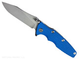 Rick Hinderer Knives Skinny Eklipse Slicer folding knife with flipper tab - shown open - presentation side.  Stonewash 3.5" hollow grind MagnaCut stainless steel plain edge blade.  Blue G-10 handle scale with stonewash lock side.  Model KEK35SKSLHO
