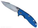 Rick Hinderer Knives XM-18 Skinny Harpoon Spanto with thumb stud and flipper tab - shown open presentation side. Stonewash Magnacut stainless steel plain edge blade. Blue - black G-10 handle with stonewash lock side. Model KXM35SKHS. Rick Hinderer Knives XM-18 Skinny Harpoon Spanto with thumb stud and flipper tab - shown open presentation side. Stonewash Magnacut stainless steel plain edge blade. Blue - black G-10 handle with stonewash lock side. Model KXM35SKHS.