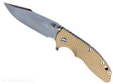 Rick Hinderer Knives XM-18 Skinny Harpoon Spanto with thumb stud and flipper tab - shown open presentation side.  Stonewash MagnaCut stainless steel plain edge blade.  Coyote Brown G-10 handle with stonewash lock side.  Model KXM35SKHS.