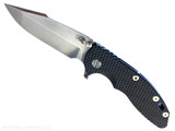 Rick Hinderer Knives XM-18 Skinny Harpoon Spanto with thumb stud and flipper tab - shown open presentation side. Stonewash MagnaCut stainless steel plain edge blade. Black G-10 handle with stonewash blue lock side. Model KXM35SKHS. Rick Hinderer Knives XM-18 Skinny Harpoon Spanto with thumb stud and flipper tab - shown open presentation side. Stonewash MagnaCut stainless steel plain edge blade. Black G-10 handle with stonewash blue lock side. Model KXM35SKHS.