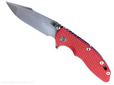 Rick Hinderer Knives XM-18 Skinny Harpoon Spanto with thumb stud and flipper tab - shown open presentation side. Stonewash MagnaCut stainless steel plain edge blade. Red G-10 handle with stonewash blue lock side. Model KXM35SKHS. Rick Hinderer Knives XM-18 Skinny Harpoon Spanto with thumb stud and flipper tab - shown open presentation side. Stonewash MagnaCut stainless steel plain edge blade. Red G-10 handle with stonewash blue lock side. Model KXM35SKHS.