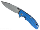 Rick Hinderer Knives XM-18 Skinny Harpoon Spanto with thumb stud and flipper tab - shown open presentation side.  Working Finish MagnaCut stainless steel plain edge blade.  Blue - black G-10 handle with Working Finish lock side.  Model KXM35SKHS.