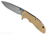 Rick Hinderer Knives XM-18 3.5" Slicer Hollow Grind folding knife with thumb stud and flipper tab - shown open presentation side. Stonewash 20CV stainless steel plain edge blade. Coyote G-10 handle with Stonewash Black DLC lock side. Model KXM35SLDLC. Rick Hinderer Knives XM-18 3.5" Slicer Hollow Grind folding knife with thumb stud and flipper tab - shown open presentation side. Stonewash 20CV stainless steel plain edge blade. Coyote G-10 handle with Stonewash Black DLC lock side. Model KXM35SLDLC.