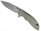 Rick Hinderer Knives XM-18 3.5" Slicer Hollow Grind folding knife with thumb stud and flipper tab - shown open presentation side. Stonewash 20CV stainless steel plain edge blade. OD green G-10 handle with Stonewash Black DLC lock side. Model KXM35SLDLC. Rick Hinderer Knives XM-18 3.5" Slicer Hollow Grind folding knife with thumb stud and flipper tab - shown open presentation side. Stonewash 20CV stainless steel plain edge blade. OD green G-10 handle with Stonewash Black DLC lock side. Model KXM35SLDLC.