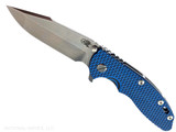 Rick Hinderer Knives XM-18 3.5" Harpoon Spanto folding knife with thumb stud and flipper tab - shown open presentation side.  Stonewashed MagnaCut stainless steel plain edge blade.  Blue - black G-10 handle with stonewash lock side.  Model KXM35HS.