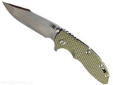 Rick Hinderer Knives XM-18 3.5" Harpoon Spanto folding knife with thumb stud and flipper tab - shown open presentation side. Stonewashed MagnaCut stainless steel plain edge blade. OD green G-10 handle with stonewash lock side. Model KXM35HS. Rick Hinderer Knives XM-18 3.5" Harpoon Spanto folding knife with thumb stud and flipper tab - shown open presentation side. Stonewashed MagnaCut stainless steel plain edge blade. OD green G-10 handle with stonewash lock side. Model KXM35HS.