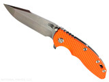 Rick Hinderer Knives XM-18 3.5" Harpoon Spanto folding knife with thumb stud and flipper tab - shown open presentation side. Stonewashed MagnaCut stainless steel plain edge blade. Orange G-10 handle with stonewash lock side. Model KXM35HS. Rick Hinderer Knives XM-18 3.5" Harpoon Spanto folding knife with thumb stud and flipper tab - shown open presentation side. Stonewashed MagnaCut stainless steel plain edge blade. Orange G-10 handle with stonewash lock side. Model KXM35HS.