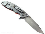 Rick Hinderer Knives XM-18 3.5" Harpoon Spanto folding knife with thumb stud and flipper tab - shown open lock side.  Stonewashed MagnaCut stainless steel plain edge blade.  Orange G-10 handle with stonewash lock side.  Model KXM35HS.