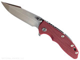Rick Hinderer Knives XM-18 3.5" Harpoon Spanto folding knife with thumb stud and flipper tab - shown open presentation side. Stonewashed MagnaCut stainless steel plain edge blade. Red G-10 handle with stonewash lock side. Model KXM35HS. Rick Hinderer Knives XM-18 3.5" Harpoon Spanto folding knife with thumb stud and flipper tab - shown open presentation side. Stonewashed MagnaCut stainless steel plain edge blade. Red G-10 handle with stonewash lock side. Model KXM35HS.
