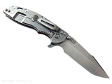 Rick Hinderer Knives XM-18 3.5" Harpoon Spanto folding knife with thumb stud and flipper tab - shown open lock side.  Stonewashed MagnaCut stainless steel plain edge blade.  Red G-10 handle with stonewash lock side.  Model KXM35HS.
