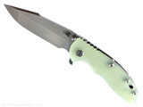 Rick Hinderer Knives XM-18 3.5" Harpoon Spanto folding knife with thumb stud and flipper tab - shown open presentation side. Stonewashed MagnaCut stainless steel plain edge blade. Translucent Green G-10 handle with stonewash lock side. Model KXM35HS. Rick Hinderer Knives XM-18 3.5" Harpoon Spanto folding knife with thumb stud and flipper tab - shown open presentation side. Stonewashed MagnaCut stainless steel plain edge blade. Translucent Green G-10 handle with stonewash lock side. Model KXM35HS.
