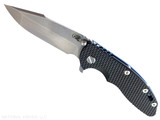 Rick Hinderer Knives XM-18 3.5" Harpoon Spanto folding knife with thumb stud and flipper tab - shown open presentation side.  Stonewashed MagnaCut stainless steel plain edge blade.  Black G-10 handle with stonewash blue lock side.  Model KXM35HS.