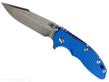 Rick Hinderer Knives XM-18 3.5" Harpoon Spanto folding knife with thumb stud and flipper tab - shown open presentation side. Stonewashed MagnaCut stainless steel plain edge blade. Blue G-10 handle with stonewash blue lock side. Model KXM35HS. Rick Hinderer Knives XM-18 3.5" Harpoon Spanto folding knife with thumb stud and flipper tab - shown open presentation side. Stonewashed MagnaCut stainless steel plain edge blade. Blue G-10 handle with stonewash blue lock side. Model KXM35HS.
