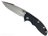 Rick Hinderer Knives XM-18 3.5" Harpoon Spanto folding knife with thumb stud and flipper tab - shown open presentation side.  Stonewashed MagnaCut stainless steel plain edge blade.  Black G-10 handle with stonewash bronze lock side.  Model KXM35HS.