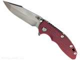 Rick Hinderer Knives XM-18 3.5" Harpoon Spanto folding knife with thumb stud and flipper tab - shown open presentation side.  Stonewashed MagnaCut stainless steel plain edge blade.  Red G-10 handle with stonewash bronze lock side.  Model KXM35HS.