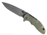 Rick Hinderer Knives XM-18 3.5" Spanto folding knife with thumb stud and flipper tab - shown open presentation side. Working Finish 20CV stainless steel plain edge blade. OD Green G-10 handle with Battle Bronze lock side. Model KXM35SPA. Rick Hinderer Knives XM-18 3.5" Spanto folding knife with thumb stud and flipper tab - shown open presentation side. Working Finish 20CV stainless steel plain edge blade. OD Green G-10 handle with Battle Bronze lock side. Model KXM35SPA.