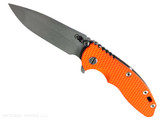 Rick Hinderer Knives XM-18 3.5" Spanto folding knife with thumb stud and flipper tab - shown open presentation side. Working Finish 20CV stainless steel plain edge blade. Orange G-10 handle with Battle Bronze lock side. Model KXM35SPA. Rick Hinderer Knives XM-18 3.5" Spanto folding knife with thumb stud and flipper tab - shown open presentation side. Working Finish 20CV stainless steel plain edge blade. Orange G-10 handle with Battle Bronze lock side. Model KXM35SPA.