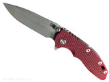 Rick Hinderer Knives XM-18 3.5" Spanto folding knife with thumb stud and flipper tab - shown open presentation side.  Working Finish 20CV stainless steel plain edge blade.  Red G-10 handle with Battle Bronze lock side.  Model KXM35SPA.