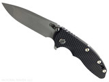 Rick Hinderer Knives XM-18 3.5" Spanto folding knife with thumb stud and flipper tab - shown open presentation side.  Working Finish 20CV stainless steel plain edge blade.  Black G-10 handle with Working Finish lock side.  Model KXM35SPA.
