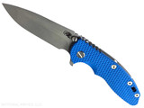 Rick Hinderer Knives XM-18 3.5" Spanto folding knife with thumb stud and flipper tab - shown open presentation side. Working Finish 20CV stainless steel plain edge blade. Blue G-10 handle with Working Finish lock side. Model KXM35SPA. Rick Hinderer Knives XM-18 3.5" Spanto folding knife with thumb stud and flipper tab - shown open presentation side. Working Finish 20CV stainless steel plain edge blade. Blue G-10 handle with Working Finish lock side. Model KXM35SPA.