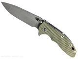 Rick Hinderer Knives XM-18 3.5" Spanto folding knife with thumb stud and flipper tab - shown open presentation side.  Working Finish 20CV stainless steel plain edge blade.  OD green G-10 handle with Working Finish lock side.  Model KXM35SPA.