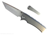 Chaves Knives Liberation Street Integral folding knife featuring a flipper tab - shown open presentation side. Belt satin M390 stainless steel tanto style plain edge blade. Stonewash titanium handle. Model CK-2B1-2A1A-1A0! Chaves Knives Liberation Street Integral folding knife featuring a flipper tab - shown open presentation side. Belt satin M390 stainless steel tanto style plain edge blade. Stonewash titanium handle. Model CK-2B1-2A1A-1A0!