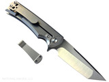 Chaves Knives Liberation Street Integral folding knife featuring a flipper tab - shown open lock side.  Belt satin M390 stainless steel tanto style plain edge blade.  Stonewash titanium handle.  Model CK-2B1-2A1A-1A0!