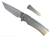 Chaves Knives Liberation Street Integral folding knife featuring a flipper tab - shown open presentation side. Stonewash M390 stainless steel tanto style plain edge blade. Stonewash titanium handle. Model CK-2B1-2B1A-1A0! Chaves Knives Liberation Street Integral folding knife featuring a flipper tab - shown open presentation side. Stonewash M390 stainless steel tanto style plain edge blade. Stonewash titanium handle. Model CK-2B1-2B1A-1A0!