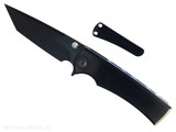Chaves Knives Liberation Street Integral folding knife featuring a flipper tab - shown open presentation side. Black PVD M390 stainless steel tanto style plain edge blade. Black PVD titanium handle. Model CK-2B1-2C1A-4A1! Chaves Knives Liberation Street Integral folding knife featuring a flipper tab - shown open presentation side. Black PVD M390 stainless steel tanto style plain edge blade. Black PVD titanium handle. Model CK-2B1-2C1A-4A1!
