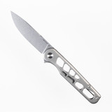 Tactile Knife Co Skeletonized Rockwall Flipper V2 folding knife with flipper tab - shown open presentation side. Stonewash MagnaCut stainless steel plain edge blade. Stonewash titanium handle. Model 20-GSW-MC01-TT01. Tactile Knife Co Skeletonized Rockwall Flipper V2 folding knife with flipper tab - shown open presentation side. Stonewash MagnaCut stainless steel plain edge blade. Stonewash titanium handle. Model 20-GSW-MC01-TT01.