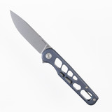 Tactile Knife Co Skeletonized Rockwall Flipper V2 folding knife with flipper tab - shown open presentation side. Stonewash MagnaCut stainless steel plain edge blade. Slate Blue titanium handle. Model 20-GSW-MCSL-TTABL. Tactile Knife Co Skeletonized Rockwall Flipper V2 folding knife with flipper tab - shown open presentation side. Stonewash MagnaCut stainless steel plain edge blade. Slate Blue titanium handle. Model 20-GSW-MCSL-TTABL.