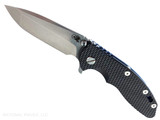Rick Hinderer Knives XM-18 3.5" Spanto folding knife with thumb stud and flipper tab - shown open presentation side. Stonewash 20CV stainless steel plain edge blade. Black G-10 handle with stonewash blue lock side. Model KXM35SPA. Rick Hinderer Knives XM-18 3.5" Spanto folding knife with thumb stud and flipper tab - shown open presentation side. Stonewash 20CV stainless steel plain edge blade. Black G-10 handle with stonewash blue lock side. Model KXM35SPA.
