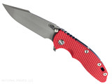 Rick Hinderer Knives XM-18 Skinny Harpoon Spanto with thumb stud and flipper tab - shown open presentation side. Working Finish MagnaCut stainless steel plain edge blade. Red G-10 handle with Battle Blue lock side. Model KXM35SKHS. Rick Hinderer Knives XM-18 Skinny Harpoon Spanto with thumb stud and flipper tab - shown open presentation side. Working Finish MagnaCut stainless steel plain edge blade. Red G-10 handle with Battle Blue lock side. Model KXM35SKHS.