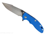 Rick Hinderer Knives XM-18 Skinny Harpoon Spanto with thumb stud and flipper tab - shown open presentation side.  Stonewash MagnaCut stainless steel plain edge blade.  Blue G-10 handle with stonewash blue lock side.  Model KXM35SKHS.