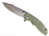 Rick Hinderer Knives XM-18 Skinny Harpoon Spanto with thumb stud and flipper tab - shown open presentation side.  Stonewash MagnaCut stainless steel plain edge blade.  OD green G-10 handle with stonewash bronze lock side.  Model KXM35SKHS.