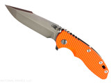 Rick Hinderer Knives XM-18 Skinny Harpoon Spanto with thumb stud and flipper tab - shown open presentation side. Stonewash MagnaCut stainless steel plain edge blade. Orange G-10 handle with stonewash bronze lock side. Model KXM35SKHS. Rick Hinderer Knives XM-18 Skinny Harpoon Spanto with thumb stud and flipper tab - shown open presentation side. Stonewash MagnaCut stainless steel plain edge blade. Orange G-10 handle with stonewash bronze lock side. Model KXM35SKHS.