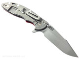 Rick Hinderer Knives XM-18 Skinny Harpoon Spanto with thumb stud and flipper tab - shown open lock side.  Working Finish MagnaCut stainless steel plain edge blade.  Red G-10 handle with Working Finish lock side.  Model KXM35SKHS. Rick Hinderer Knives XM-18 Skinny Harpoon Spanto with thumb stud and flipper tab - shown open lock side.  Working Finish MagnaCut stainless steel plain edge blade.  Red G-10 handle with Working Finish lock side.  Model KXM35SKHS.