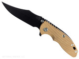 Rick Hinderer Knives XM-18 3.5" Bowie folding knife with thumb stud and flipper tab - shown open presentation side.  Battle Black MagnaCut stainless steel plain edge blade.  Coyote G-10 handle with Battle Black lock side.  Model KXM35BOWMC.