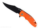 Rick Hinderer Knives XM-18 3.5" Bowie folding knife with thumb stud and flipper tab - shown open presentation side.  Battle Black MagnaCut stainless steel plain edge blade.  Orange G-10 handle with Battle Black lock side.  Model KXM35BOWMC.