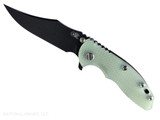 Rick Hinderer Knives XM-18 3.5" Bowie folding knife with thumb stud and flipper tab - shown open presentation side. Battle Black MagnaCut stainless steel plain edge blade. Translucent Green G-10 handle with Battle Black lock side. Model KXM35BOWMC. Rick Hinderer Knives XM-18 3.5" Bowie folding knife with thumb stud and flipper tab - shown open presentation side. Battle Black MagnaCut stainless steel plain edge blade. Translucent Green G-10 handle with Battle Black lock side. Model KXM35BOWMC.